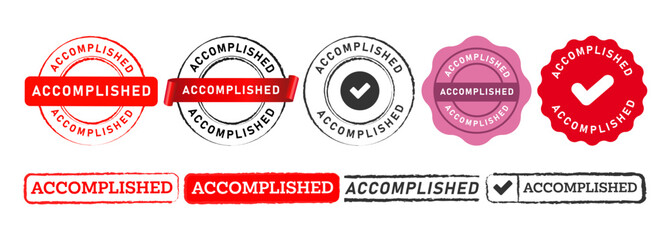 accomplished rubber stamp and seal badge label sticker sign for success complete progress achieved