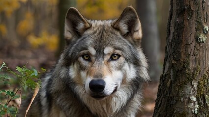 Grey wolf in the forest, close-up, good lighting