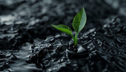 Close-up of a green plant sprouting from black soil, symbolizing growth, resilience, and nature's enduring force.