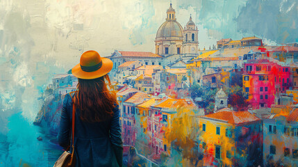 Illustration of a woman touring a famous city destination, rendered in a colorful and textured oil painting style