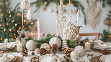 A festive setting with macrame ornaments adds a handmade touch, creating a warm and inviting atmosphere.