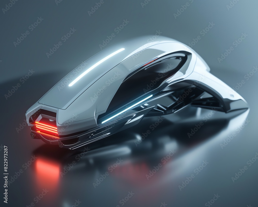 Poster a sleek, futuristic device with a glowing red and blue light, representing advanced technology and i