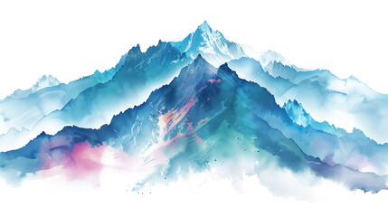 watercolor style mountains range, blue, pink and green colors on white and transparent background