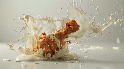 Fried chicken leg creating a splash in milk, dynamic food photography, high-speed action shot with liquid droplets.