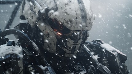 Armored mech navigating through a blizzard, front view, depicting endurance, scifi tone, black and white color scheme