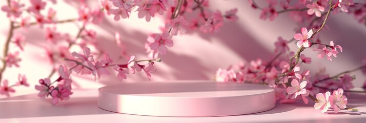 Background podium 3D spring flower product beauty pink display nature. 3D podium stand background scene floral mockup cosmetic white blossom summer abstract shadow platform minimal design render stage