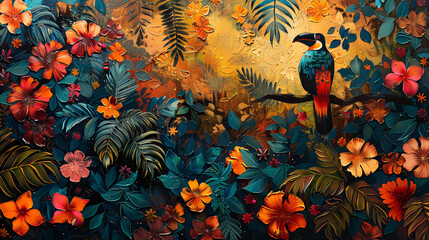 Impressionistic painting of a tropical bird amidst lush greenery and colorful blossoms