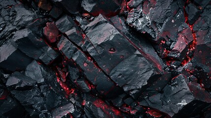 A macro photograph of rocks with ruby-colored blotches, featuring a dark palette and contrasting lighting. - Powered by Adobe