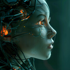 Hybrid girl-robot head with a glowing brain, neurons actively interacting, shining eyes, and seamlessly merging mechanical and human features.
