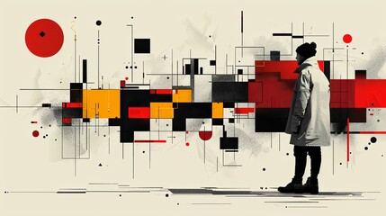 Obraz premium Digital design and visual material drawing neubrutalism tiny person concept. Website layout, interface or corporate style creation with geometric figures, fonts, color and shapes vector illustration