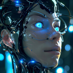 Hybrid girl-robot head with a glowing brain, neurons actively interacting, shining eyes, and seamlessly merging mechanical and human features.

