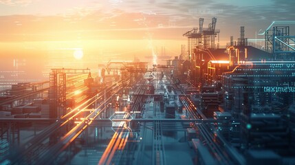 Early morning at a futuristic port terminal, depicted from a combined ground-level and bird's-eye view.