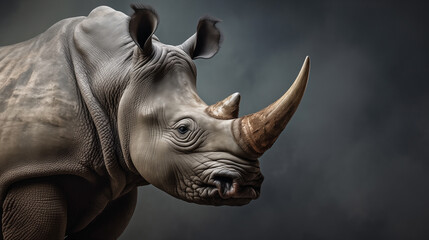 The grey rhino, an isolated and dangerous African mammal, stood tall with its prominent horn,...