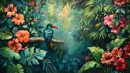 Impressionistic painting of a tropical bird amidst lush greenery and colorful blossoms