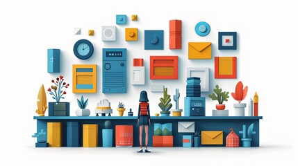Digital design and visual material drawing neubrutalism tiny person concept. Website layout, interface or corporate style creation with geometric figures, fonts, color and shapes vector illustration