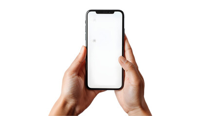 hand holding black cell phone smartphone with blank white screen and modern design isolated on a transparent background