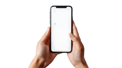 hand holding black cell phone smartphone with blank white screen and modern design isolated on a transparent background