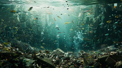 A future Tokyo scene with islands built from lots of plastic trash under the sea, surrounded by fish.