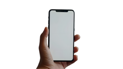 hand holding black cell phone smartphone with blank white screen and modern design isolated on a transparent background