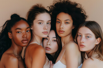 A group of women with different skin tones are posing for a photo. Scene is one of unity and diversity, as the women come together to celebrate their differences and similarities