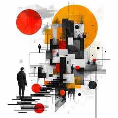 Digital design and visual material drawing neubrutalism tiny person concept. Website layout, interface or corporate style creation with geometric figures, fonts, color and shapes vector illustration