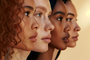 A group of women with different skin tones are posing for a photo. Scene is one of unity and diversity, as the women come together to celebrate their differences and similarities