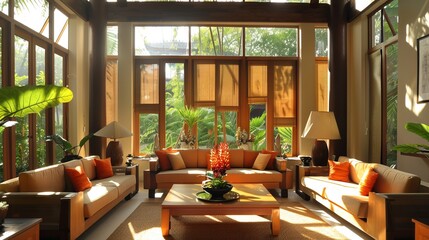 An indoor photo of a feng shui living room with a zen atmosphere