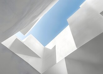 White abstract geometric architecture, white structures against blue sky background