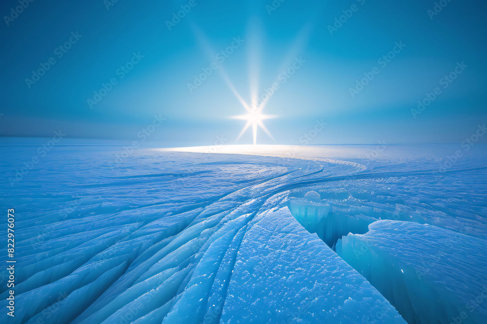 Wall mural patch of blue sky with white clouds peeking through over a vast ocean horizon
