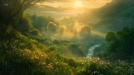 Obraz premium Beautiful sunlight breaks through the trees in a morning forest landscape