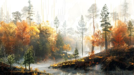 Autumn Forest Landscape with Overlaid Ecological Data Insights