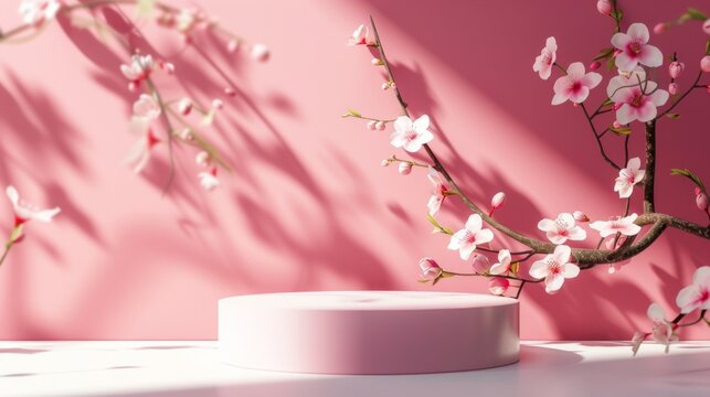 Background podium 3D spring flower product beauty pink display nature. 3D podium stand background scene floral mockup cosmetic white blossom summer abstract shadow platform minimal design render stage