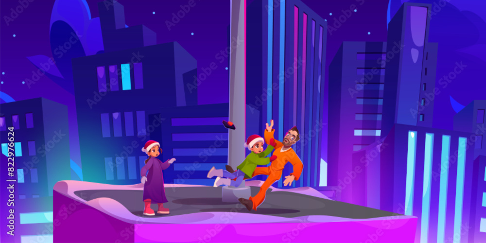 Wall mural Kids and prisoner on night city building roof cartoon background. Urban landscape view with children hero catch man on skyscraper rooftop. Starry sky and high real estate exterior of hotel concept