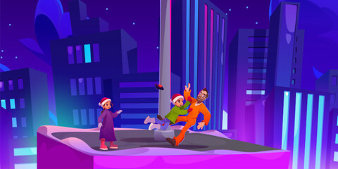 Kids and prisoner on night city building roof cartoon background. Urban landscape view with children hero catch man on skyscraper rooftop. Starry sky and high real estate exterior of hotel concept