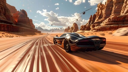 Naklejka premium Existential Velocity A Futuristic Car Navigates the Vast and Ethereal Landscapes of a Dreamlike Desert Realm