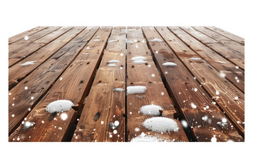 Wooden table top with snow isolated on a white background