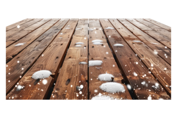 Wooden table top with snow isolated on a white background