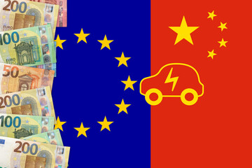 Euros notes on a European union flag background. 