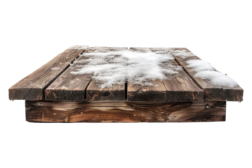 Wooden table top with snow isolated on a white background