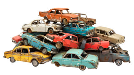 Towering pile of junk cars isolated on a transparent background