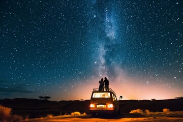 A couple enjoying stargazing from the top of a van, AI-generated