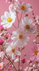 Alpine meadow blooming, set against a light pink backdrop, with space on the right for text