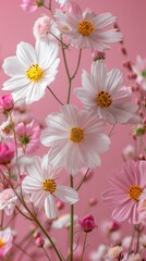 Obraz premium Alpine meadow blooming, set against a light pink backdrop, with space on the right for text