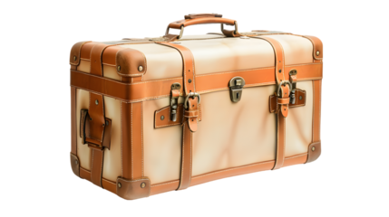 big beige leather travel suitcase isolated on a transparent background