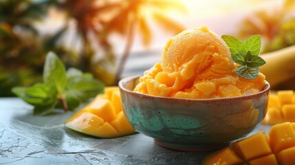 Refreshing mango sorbet served in a rustic bowl with a mint leaf garnish, against a tropical backdrop