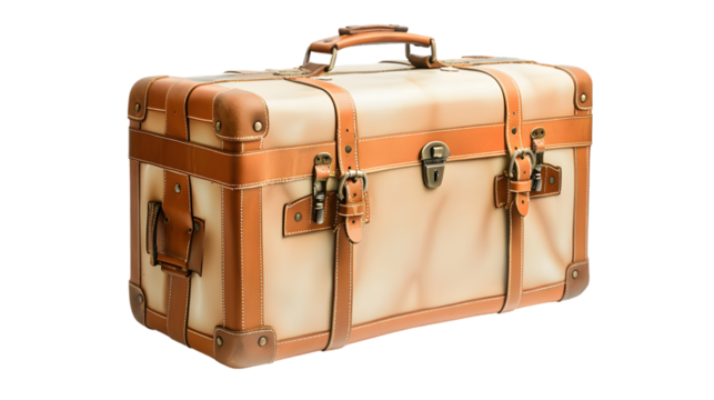 big beige leather travel suitcase isolated on a transparent background