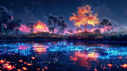 Fototapeta premium Glowing Grove: Cartoon Neon Night Forest