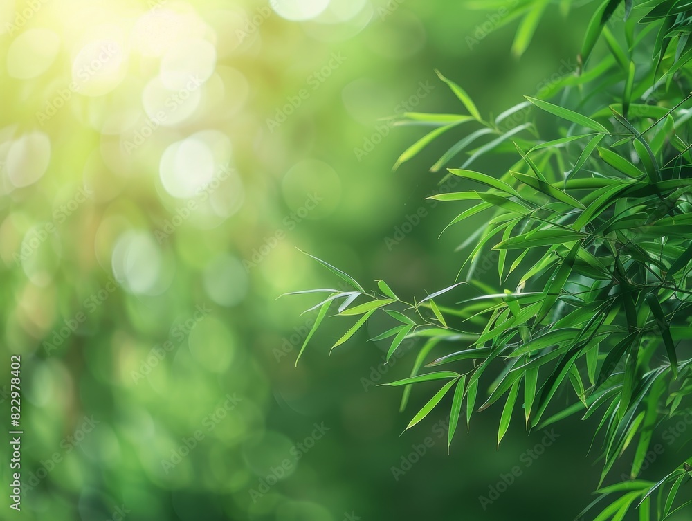 Poster sunlight filters through the bamboo forest, creating an isolated green backdrop with space at the to