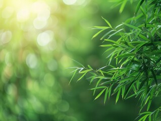 Sunlight filters through the bamboo forest, creating an isolated green backdrop with space at the...