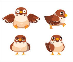 Cute sparrow character cartoon isolated set. Flying small bird icon with different emotion expression. Surprised, walking and serious childish mascot graphic with wild pet comic drawing collection
